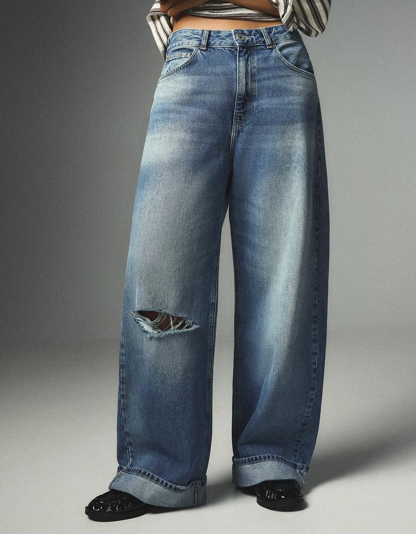 Arka tokalı distressed balloon fit jean-Açık mavi