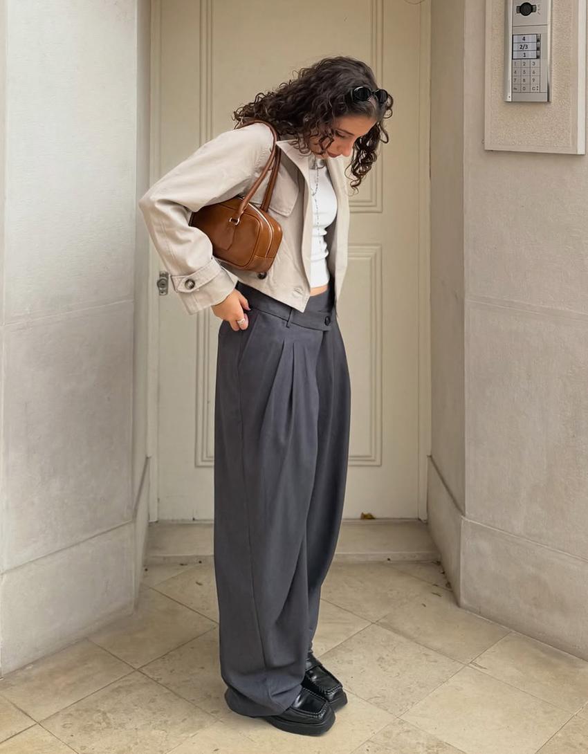 Tailored fit trousers with crossover waist-Dark grey
