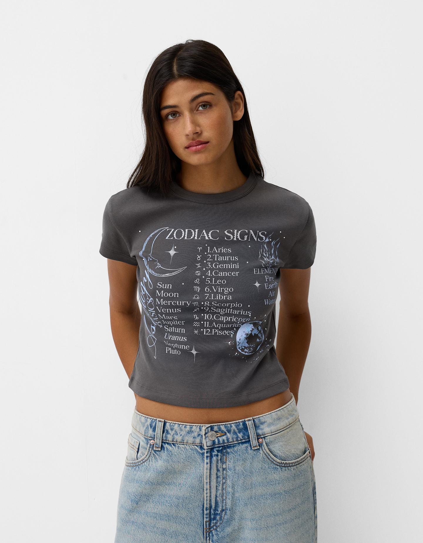 Bershka Camiseta Manga Corta Print Mujer Xs Gris