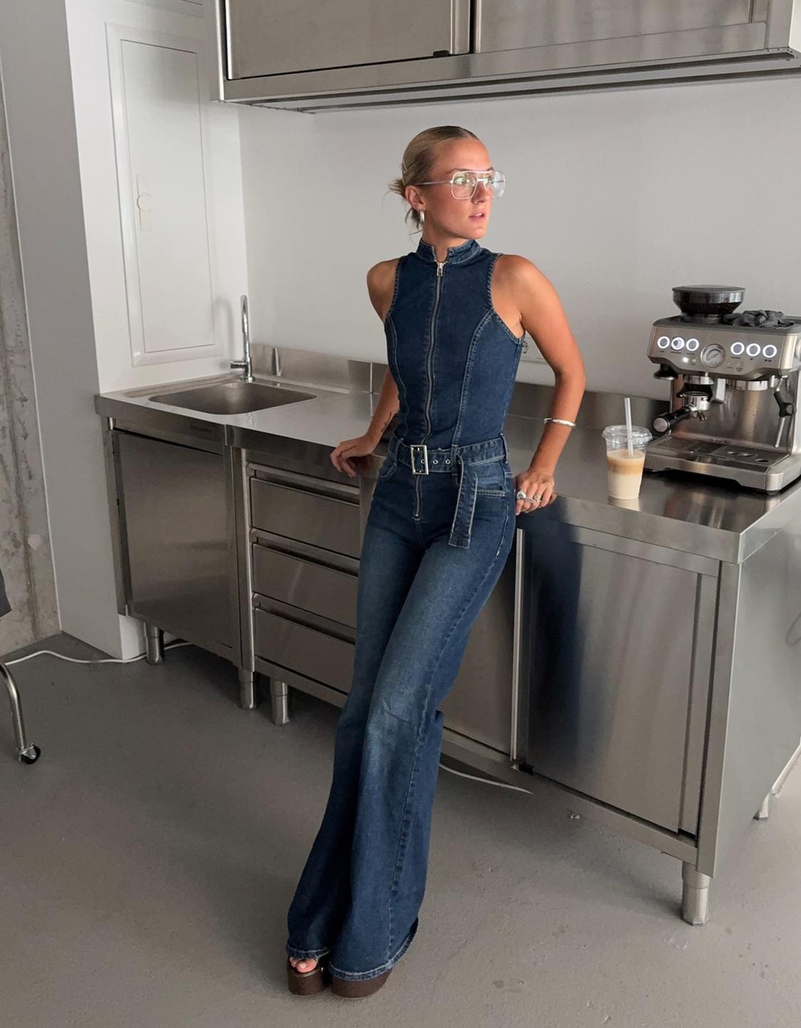 Flared denim jumpsuit