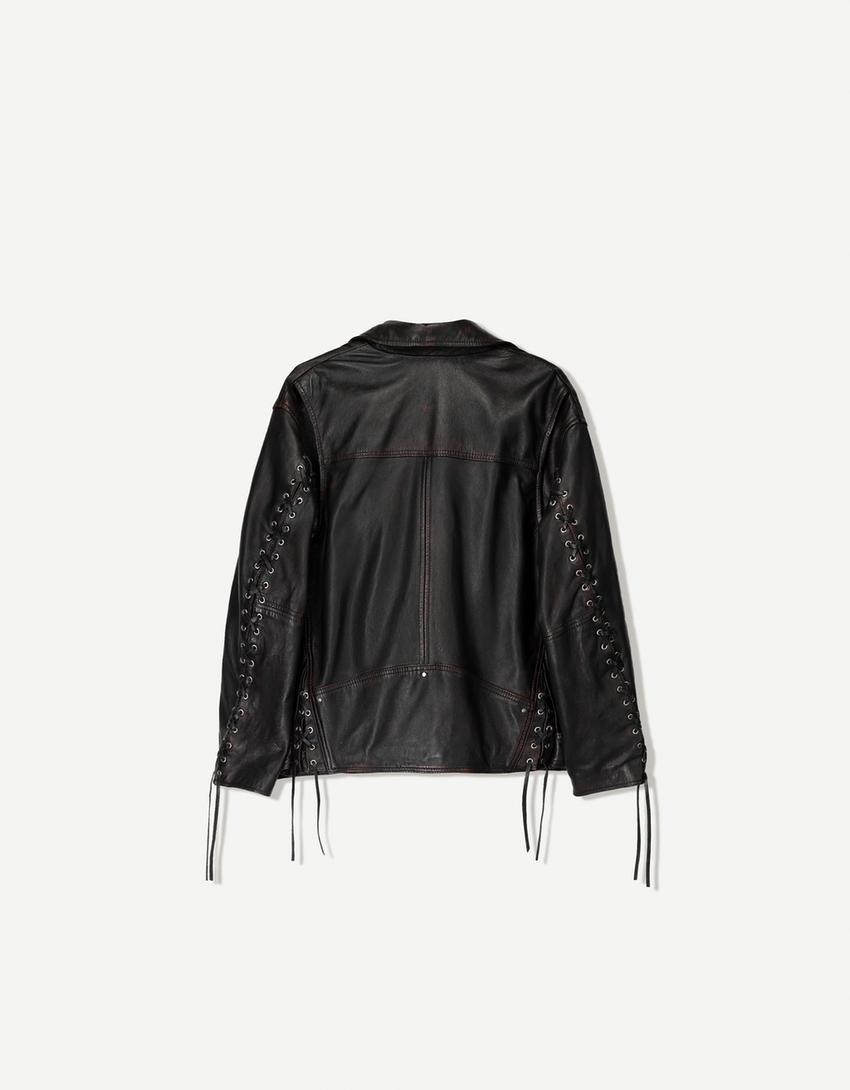 Geacă biker piele șnur-Negru-5