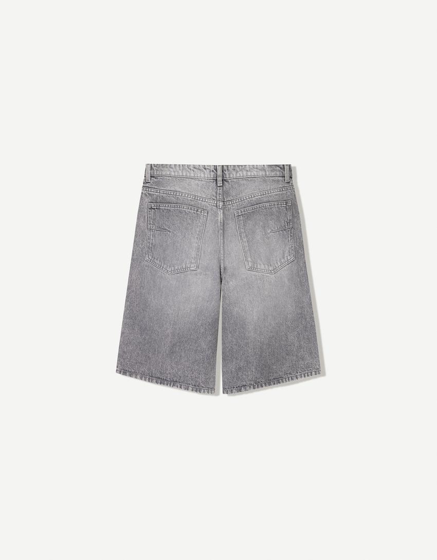 Calções bermuda denim baggy-Cinza