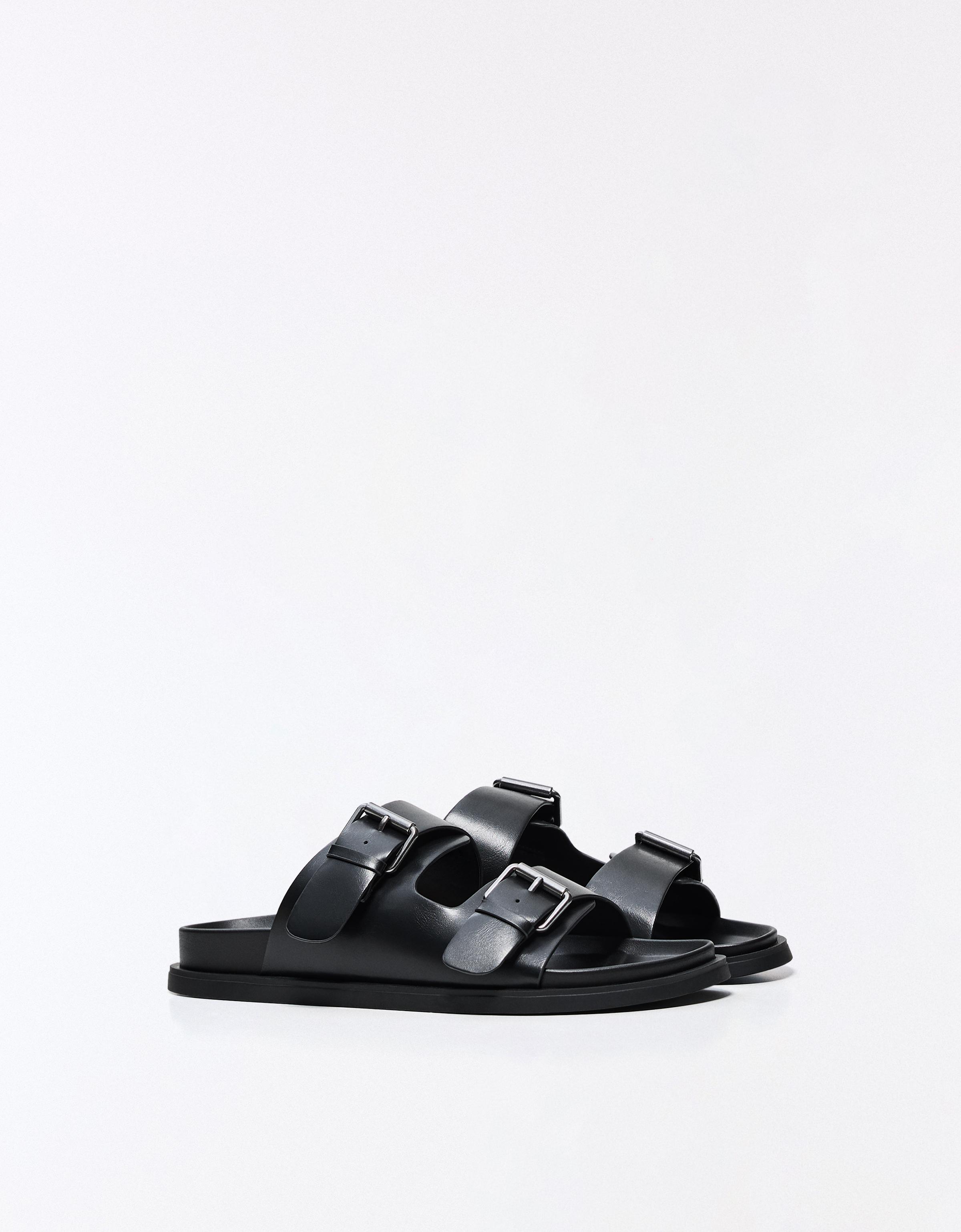 Buckled flat slider sandals — BLACK