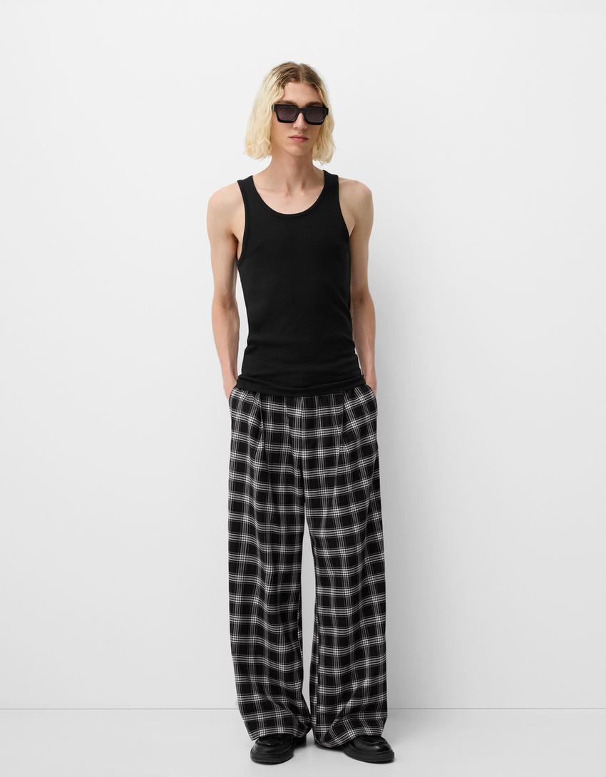 Pantalón straight cuadros-Negro-0