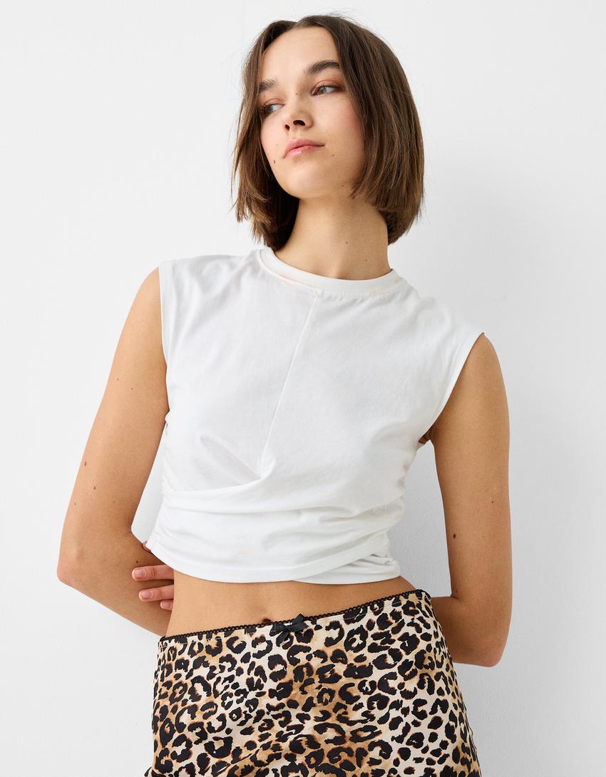 Sleeveless T-shirt with crossover front-White-2