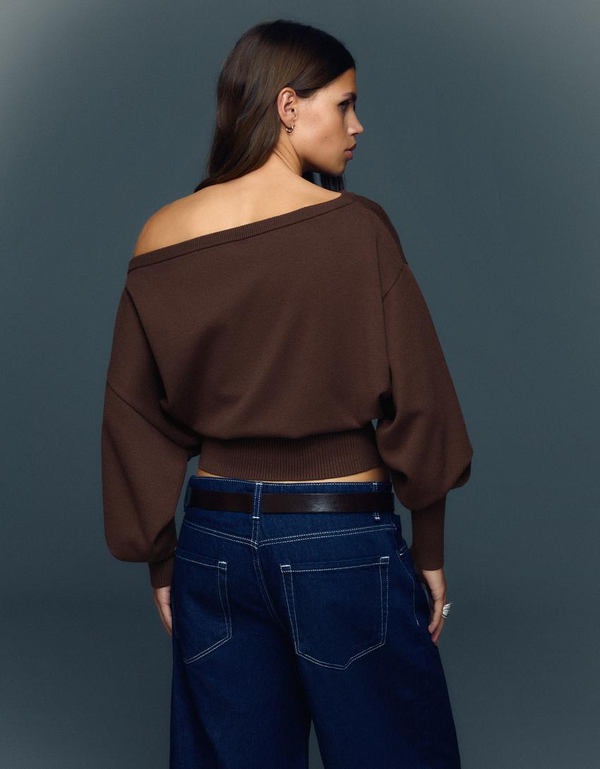 Asymmetric sweater with ribbed hem-Brown