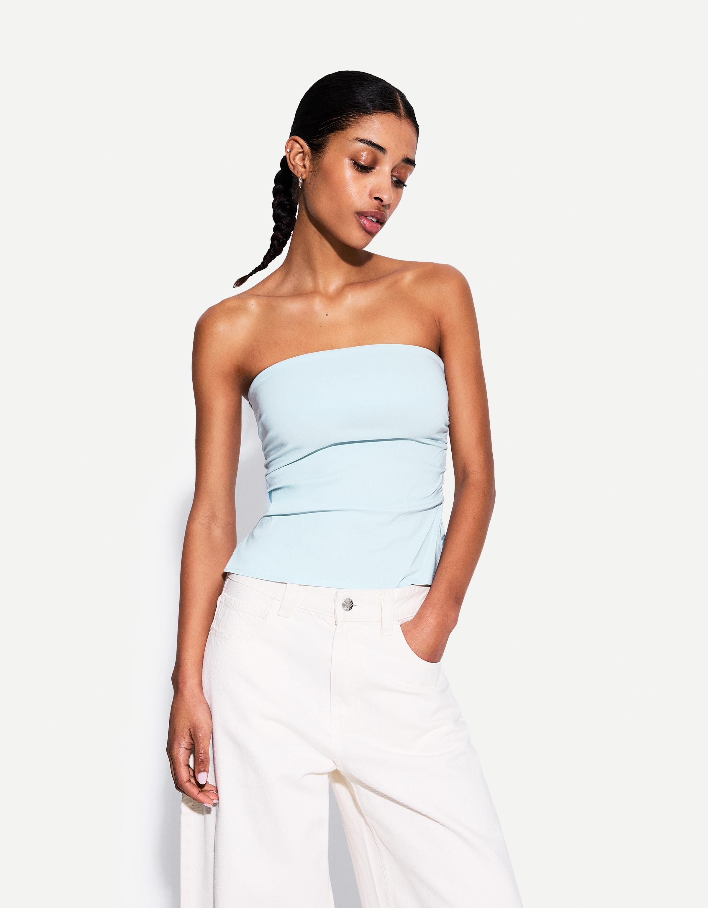 Bershka Bandeau-Top Aus Bengaline Damen S Hellblau