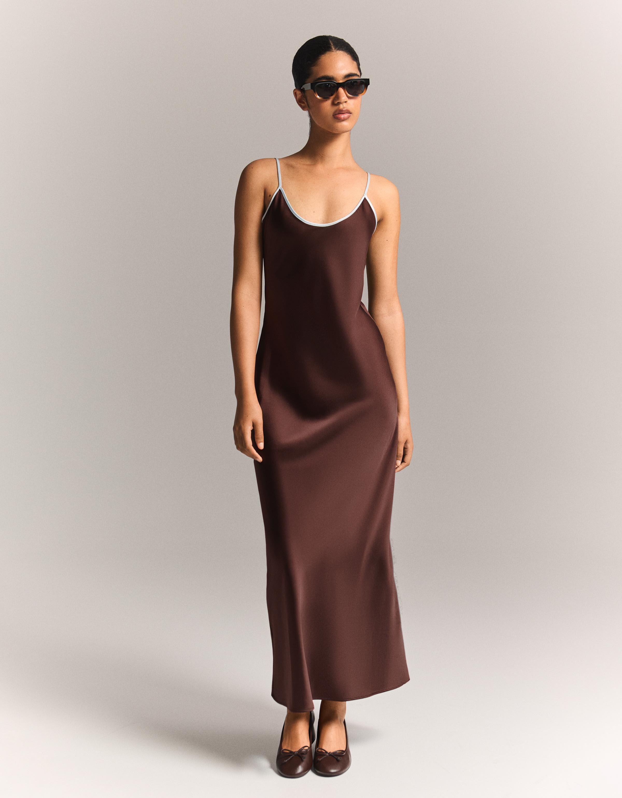 Vestido Midi Satén Tirantes Mujer Xs Marrón