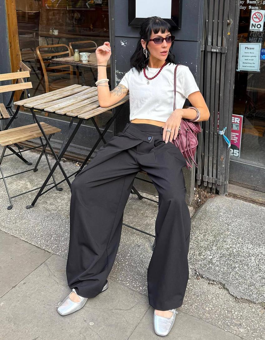 Tailored fit trousers with crossover waist-Black-1
