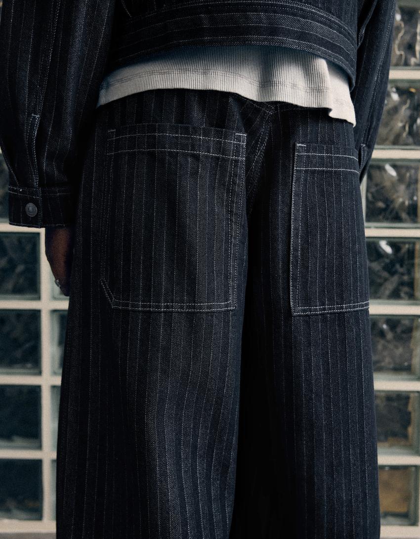 Çizgili dokulu baggy fit jean-Denizci mavisi