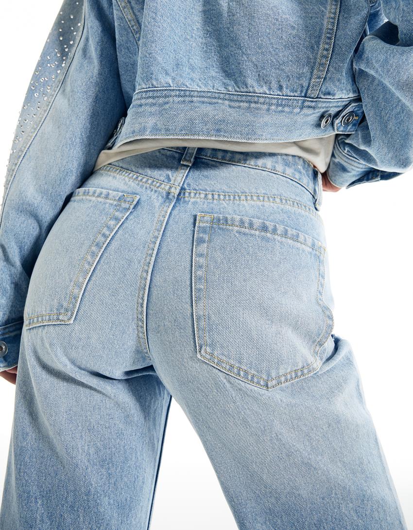 Yüksek bel straight fit geniş paça parlak jean-Açık mavi