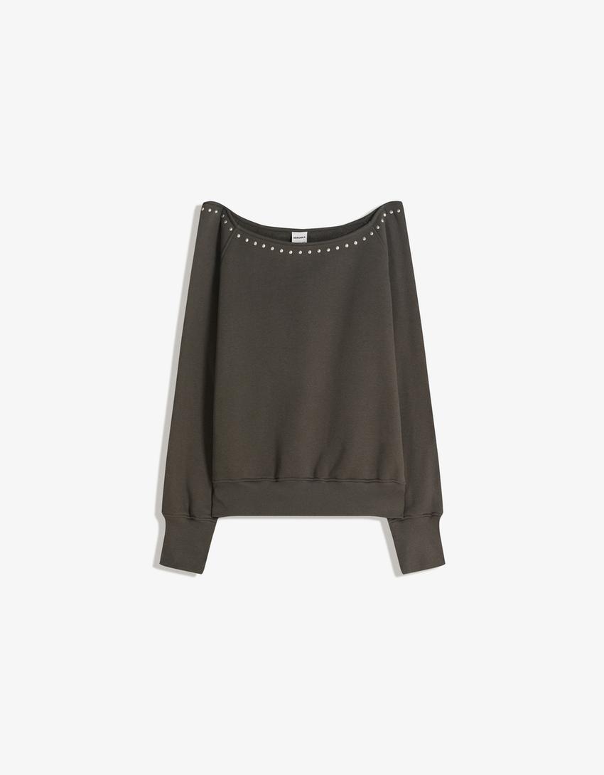 Asimetrik zımbalı polar sweatshirt-Haki