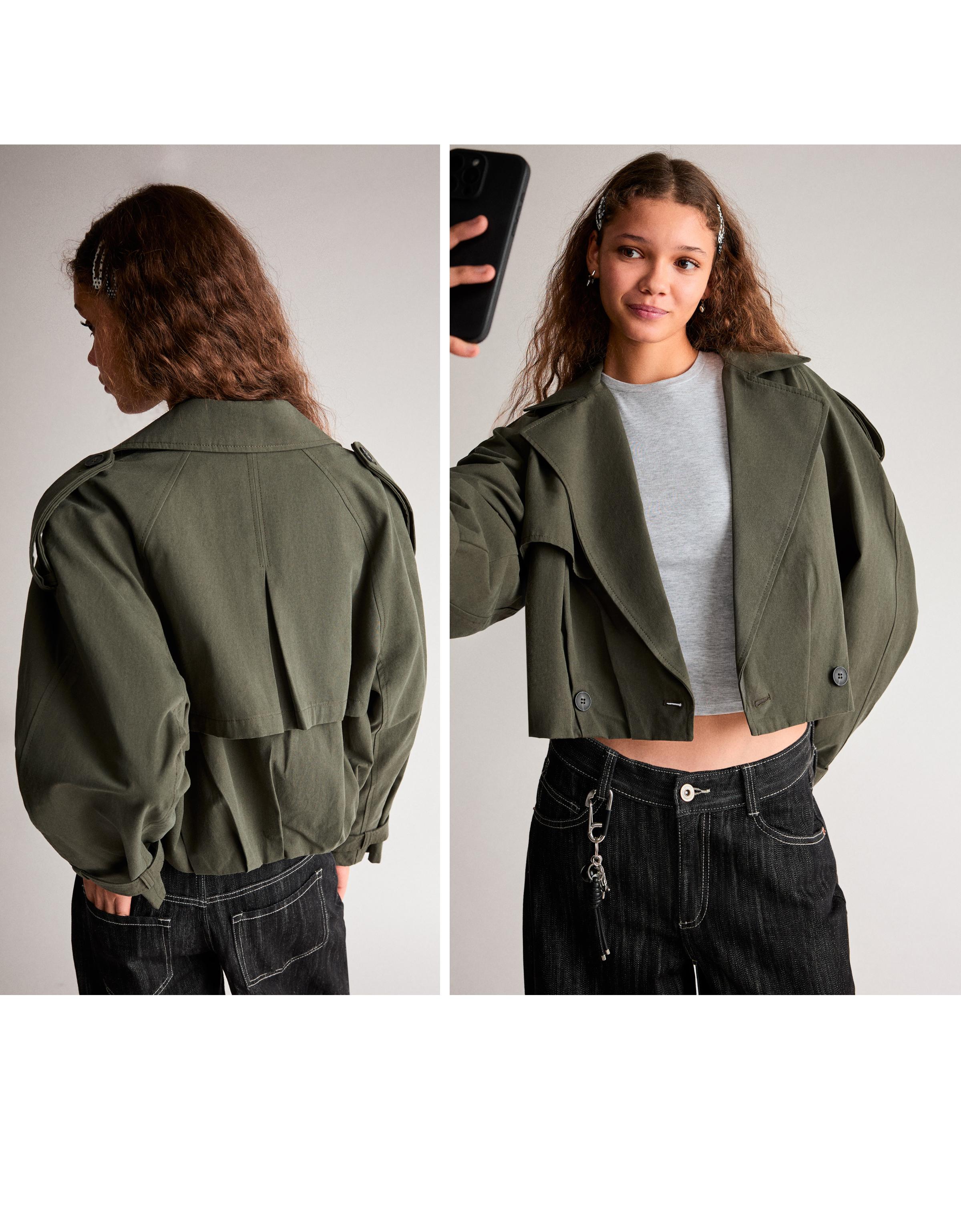 Balloon effect cropped trench coat — Khaki
