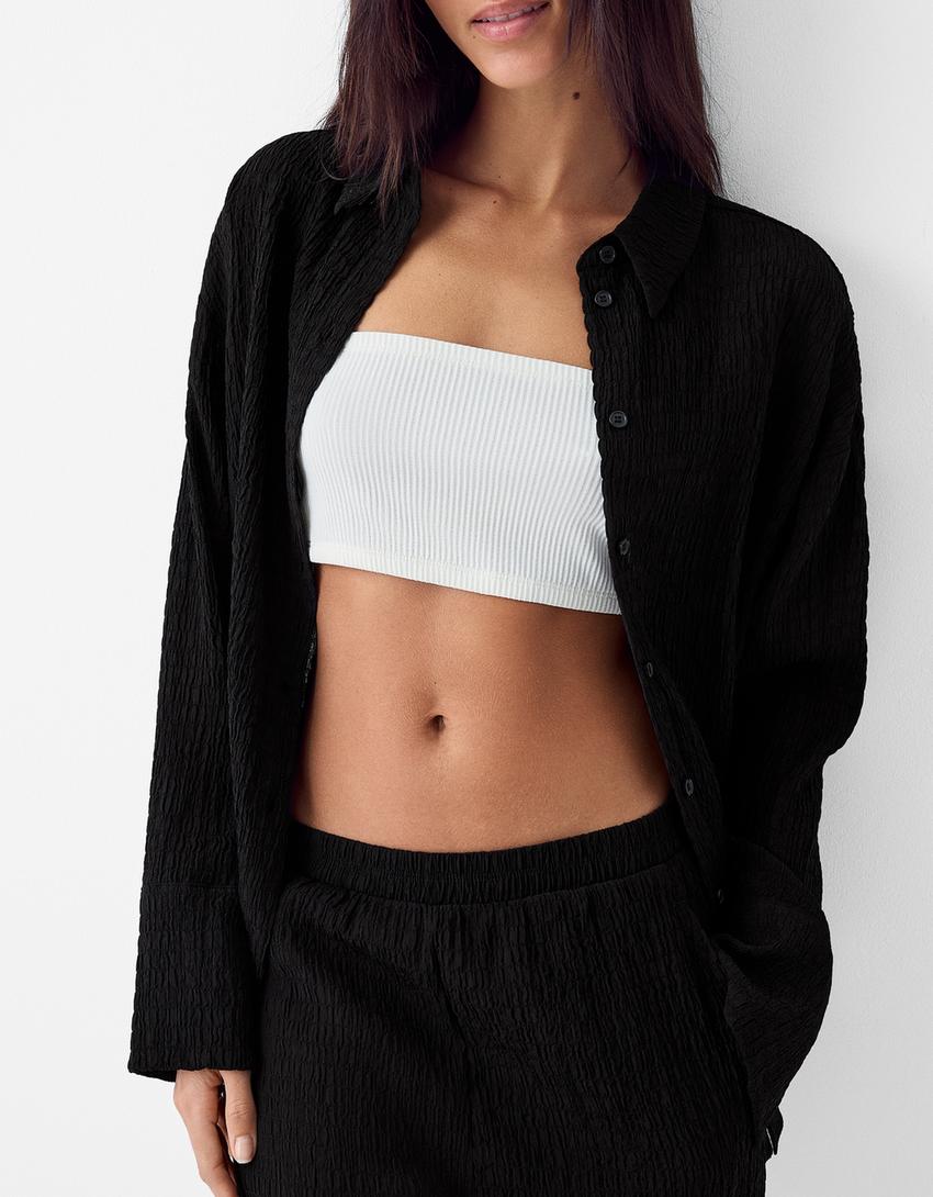 قميص فضفاض بملمس بارز وأكمام طويلة-أسود-2