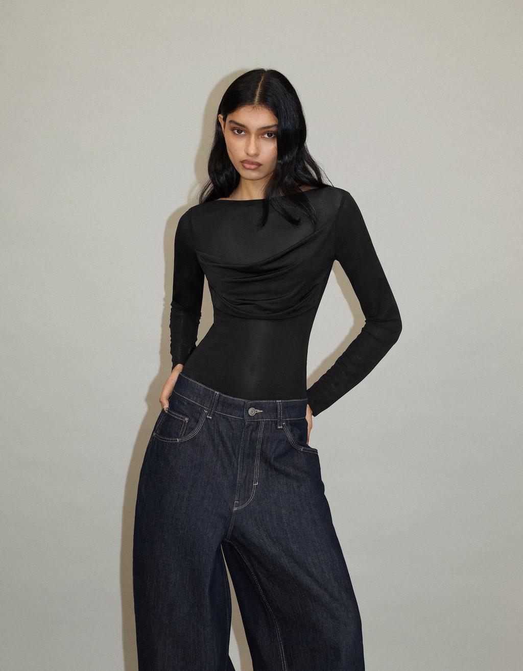 Ruched long sleeve tulle bodysuit