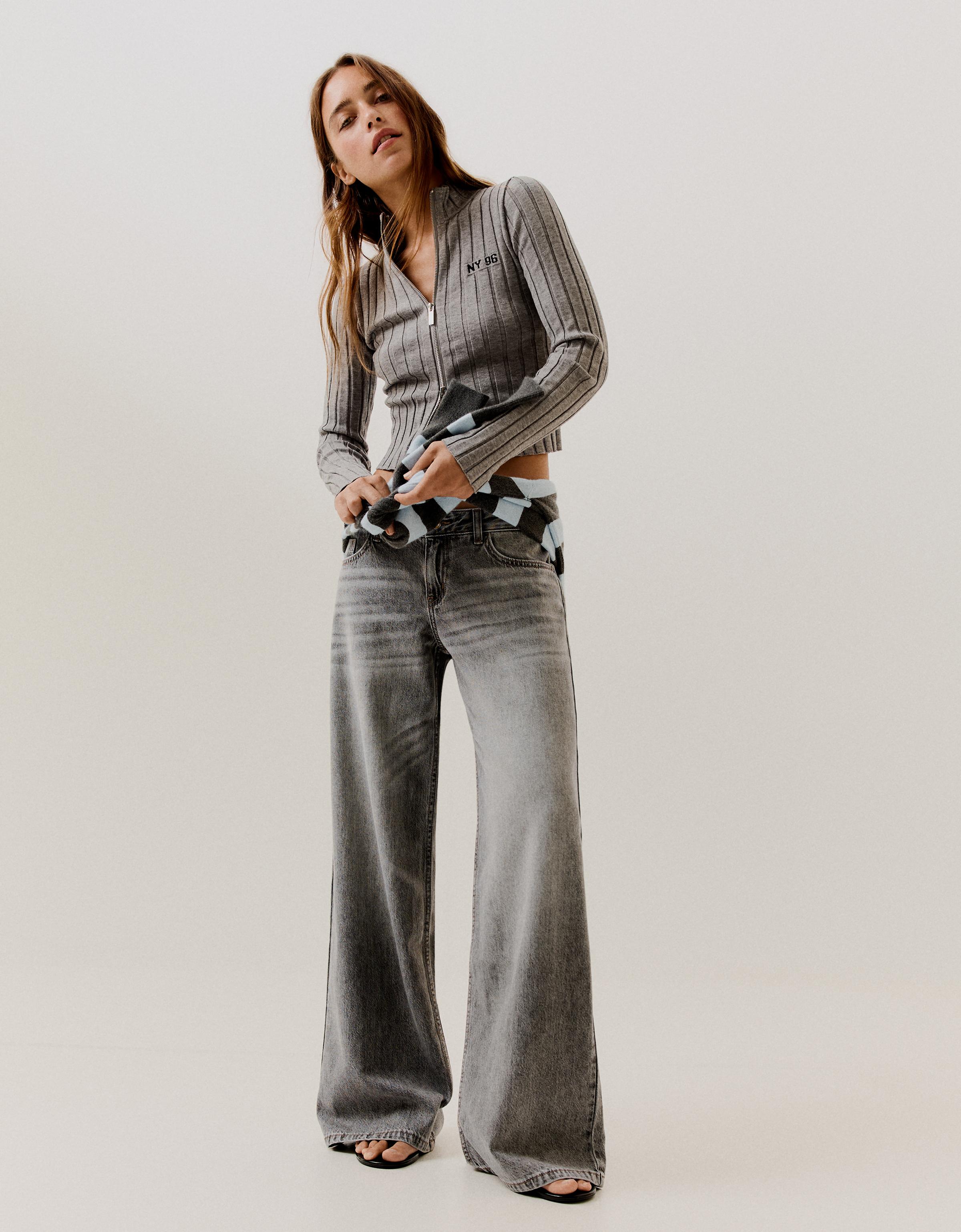 Bershka Jeans Wide Tiro Bajo Mujer Gris