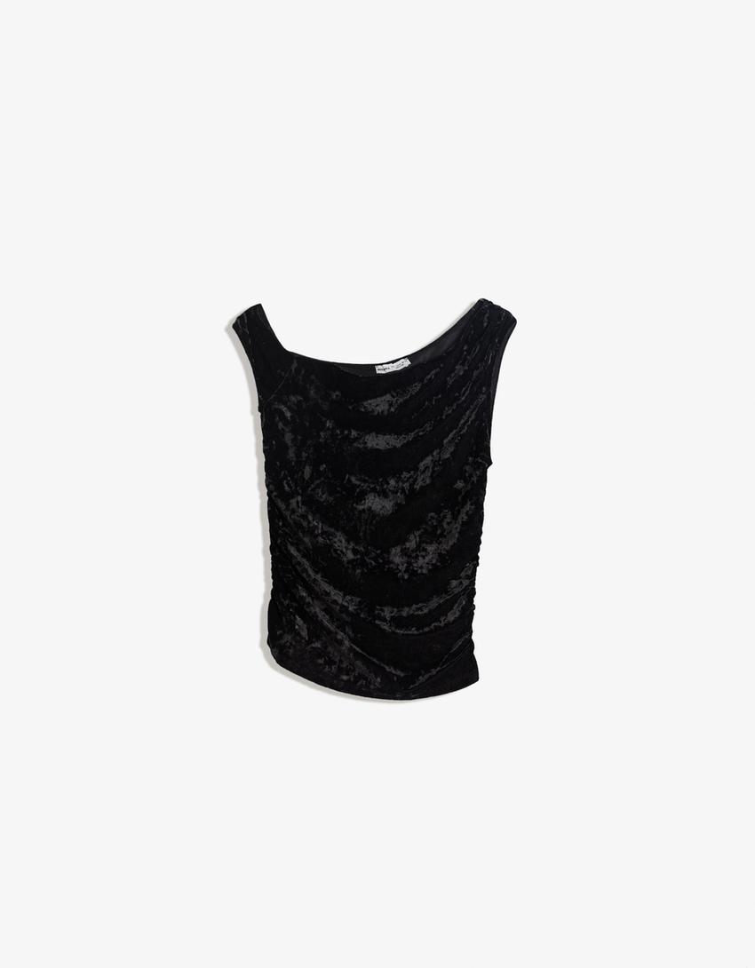 Asymmetric velvet-effect T-shirt-Black