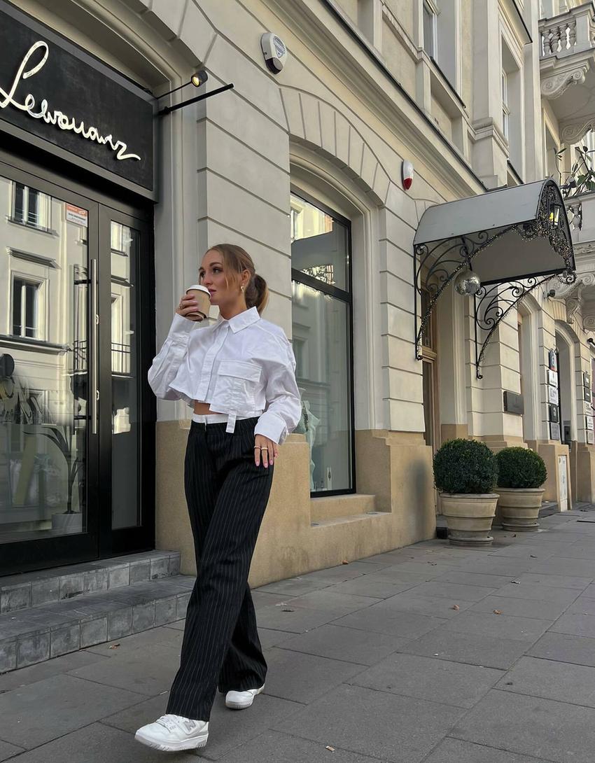 Long sleeve cropped poplin shirt with straps-White