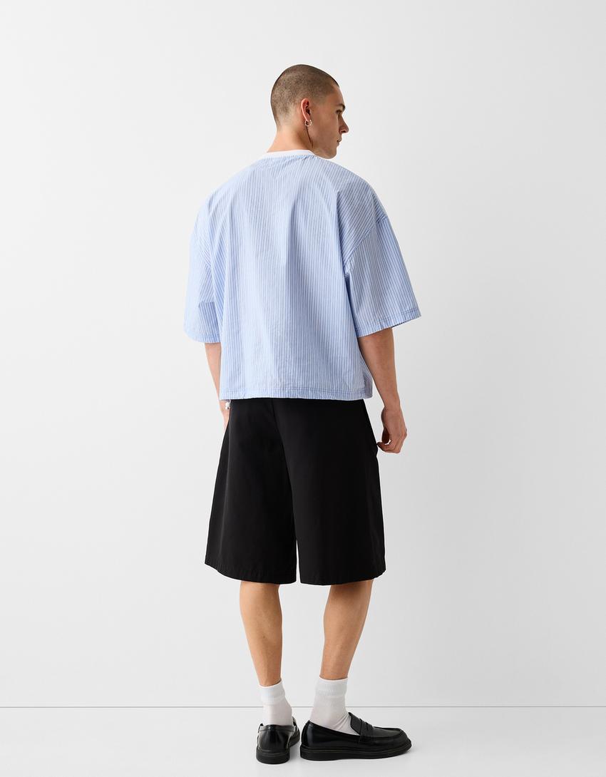 T-shirt manches courtes popeline détail-Bleu clair-1