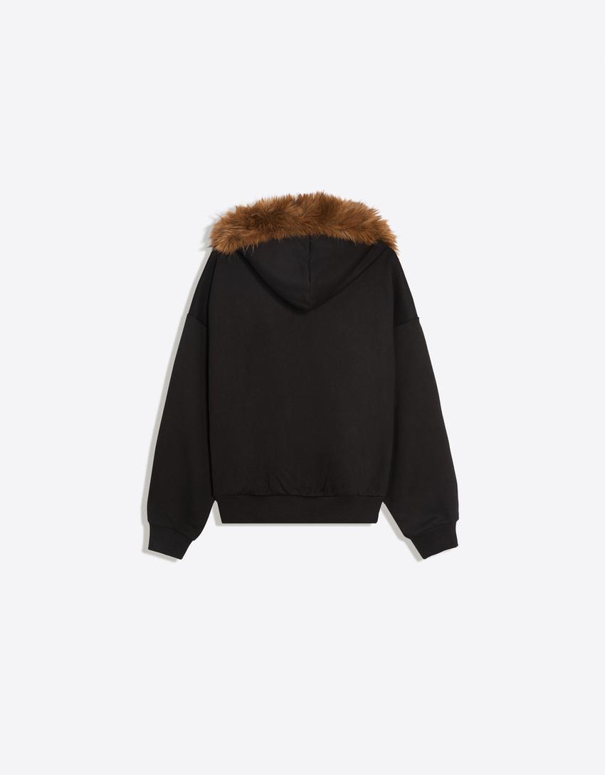 ZOO YORK X BERSHKA hooded faux fur jacket-Black