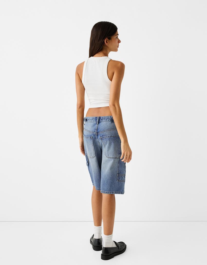 Wide-leg balloon fit denim Bermuda shorts-Light blue-2