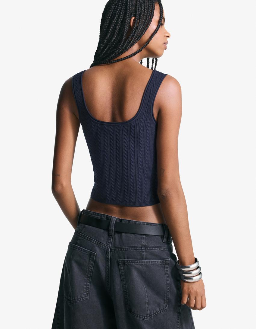 Cable-knit strappy top-Blue