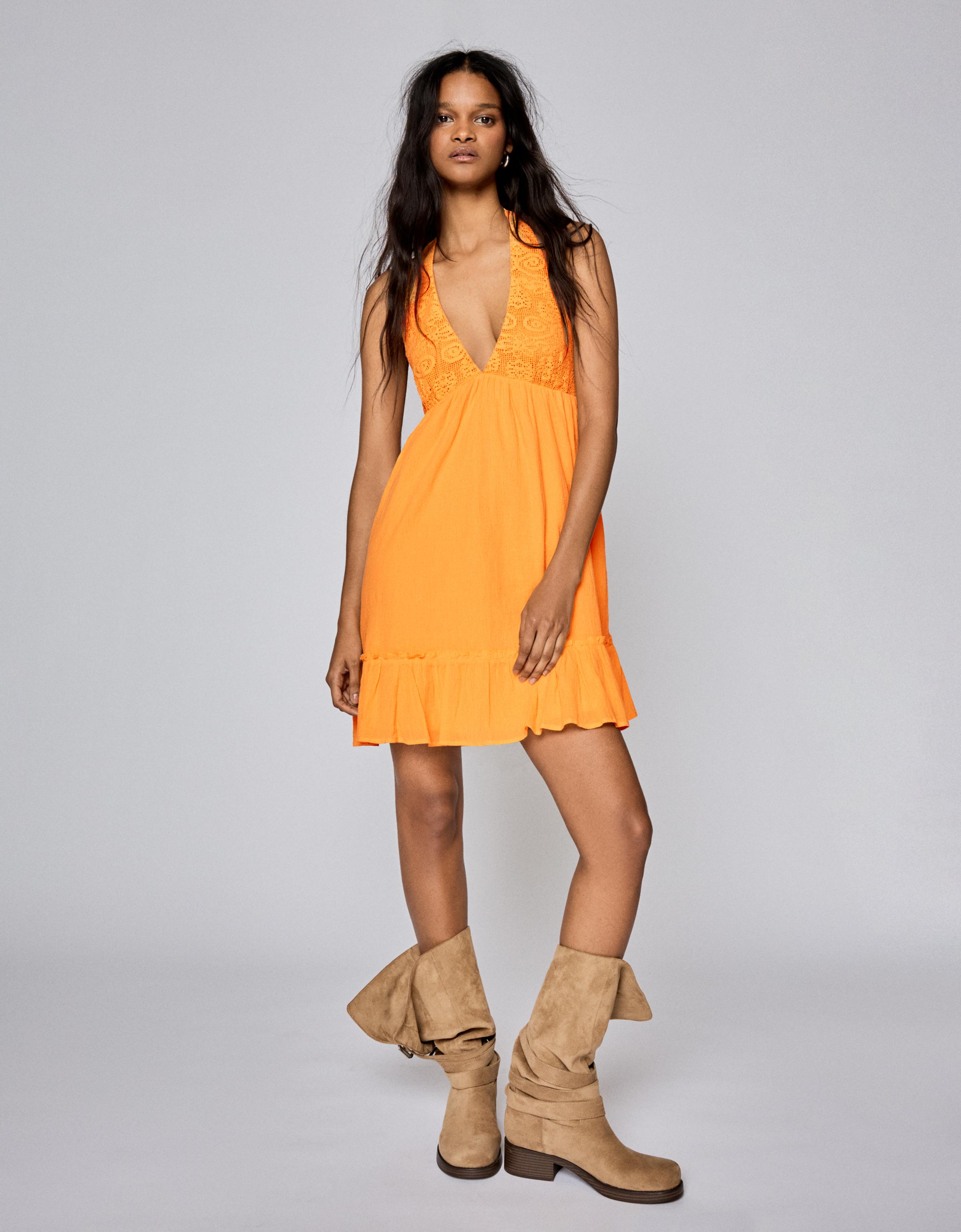 Vestido Mini Cuello Halter Crochet Mujer L Naranja