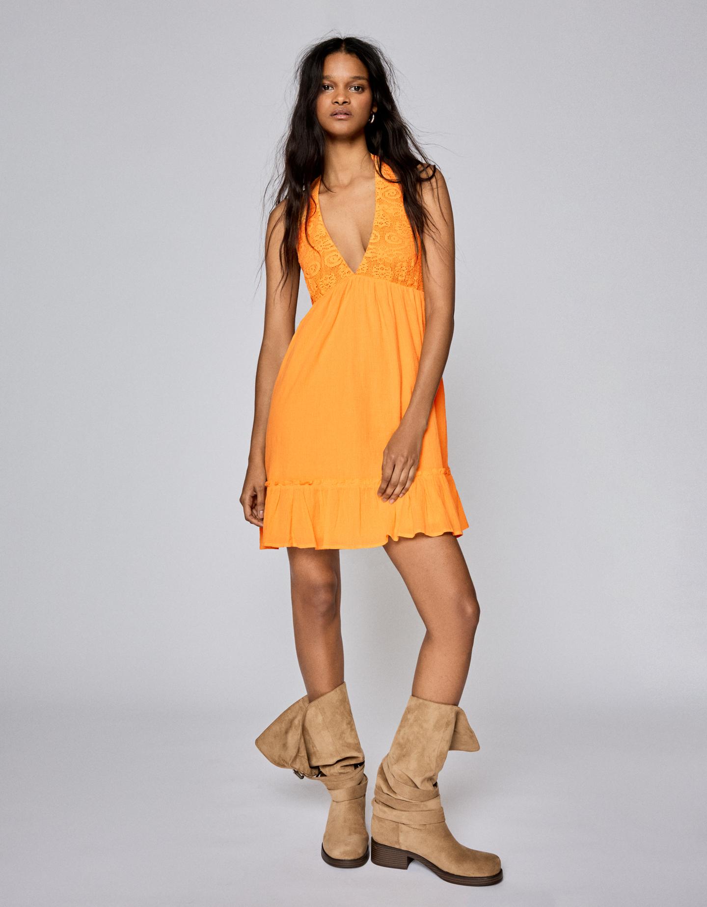 Bershka Vestido Mini Cuello Halter Crochet Mujer Naranja