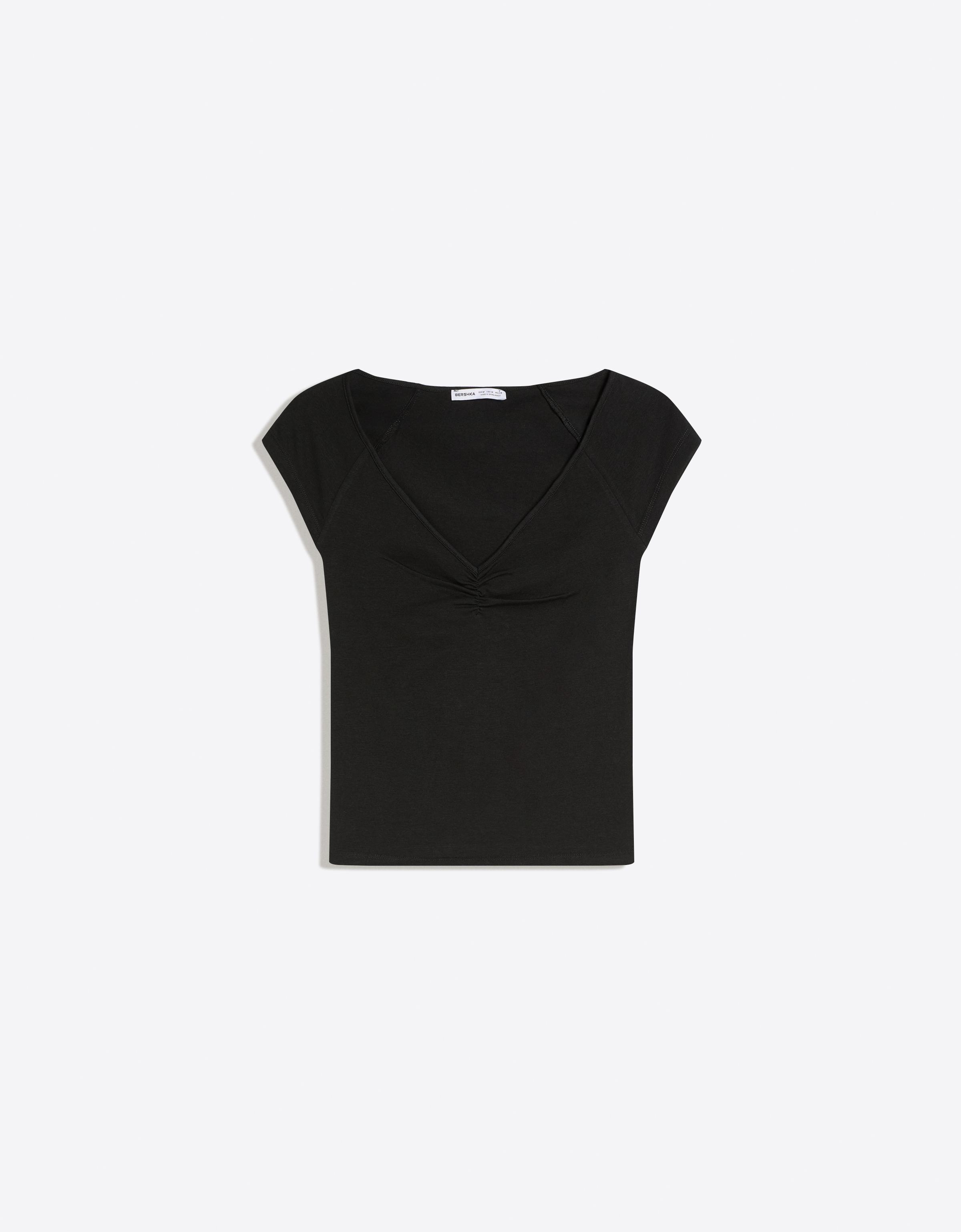 Bershka T-Shirt Mit Kurzen Ärmeln Und Raffung Damen L Schwarz
