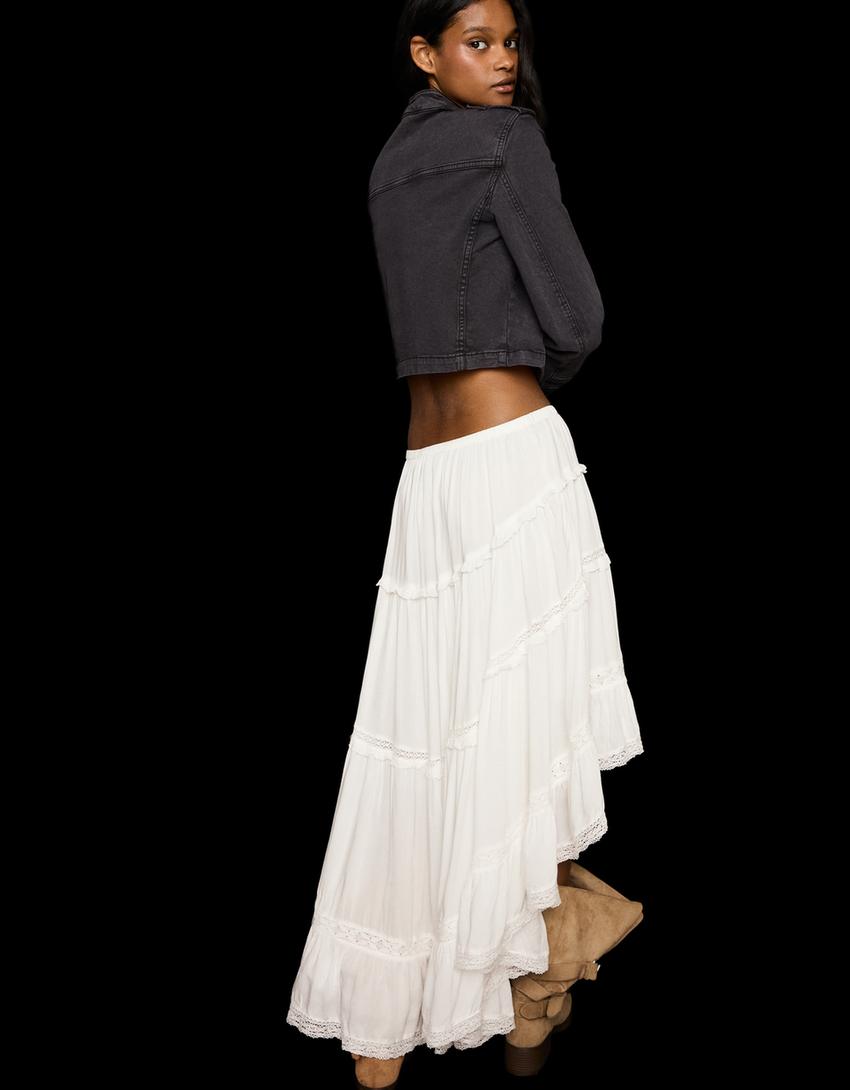 Asymmetric long skirt with lace trim-White