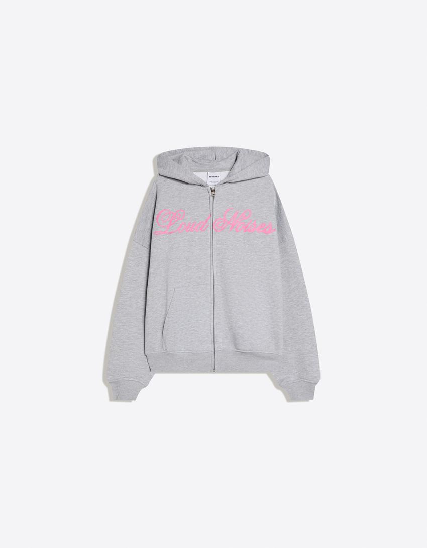 Oversize printed zip-up hoodie-Grey
