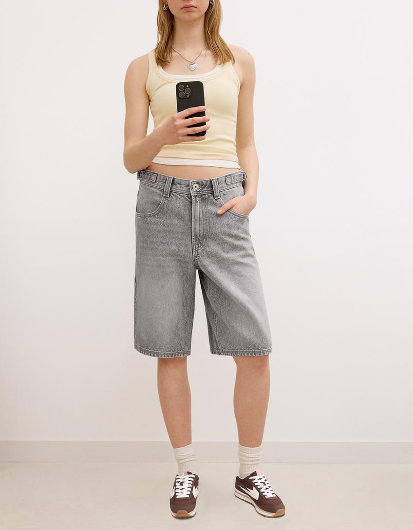 Balloon fit denim Bermuda shorts-Grey