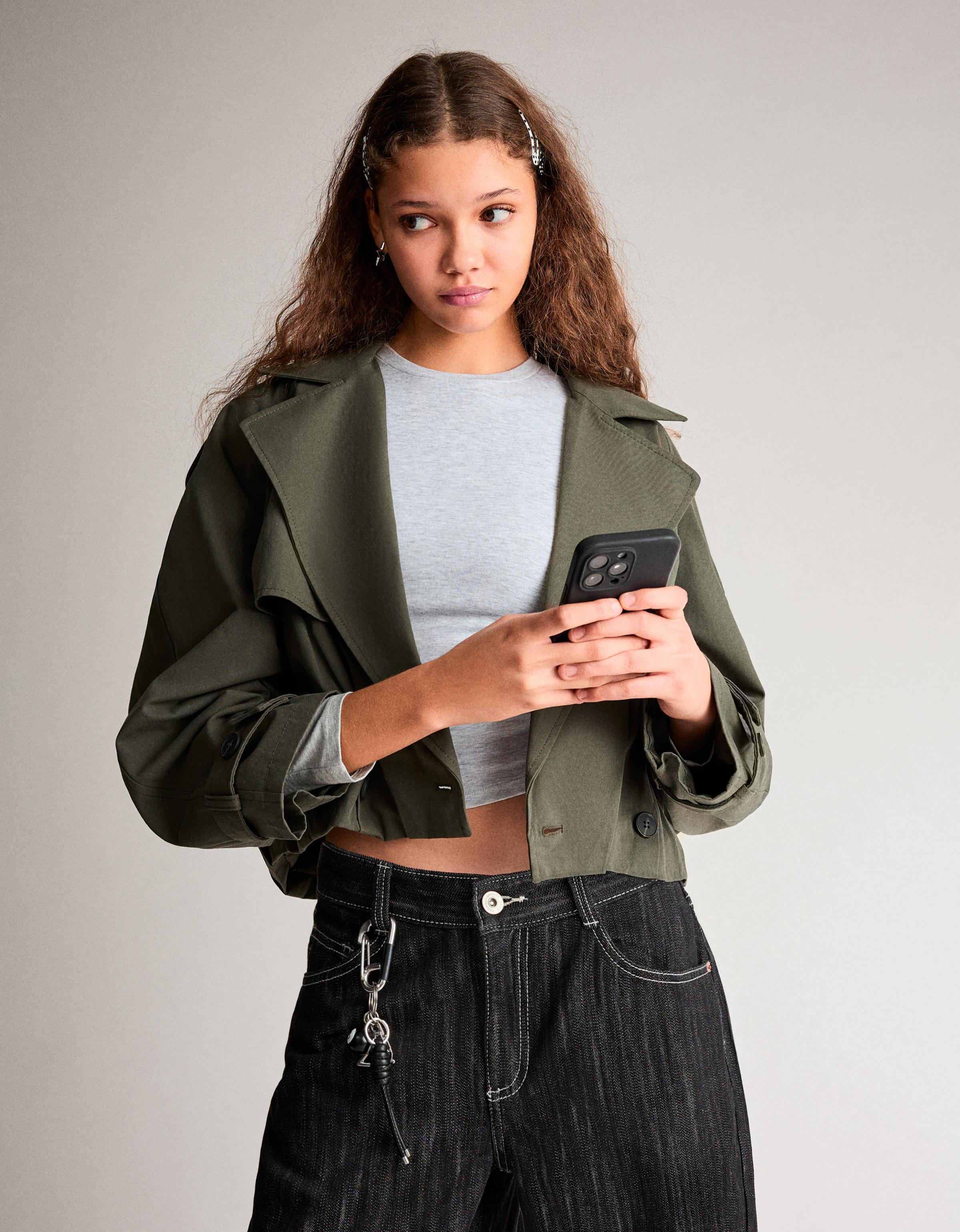 Balloon effect cropped trench coat — Khaki