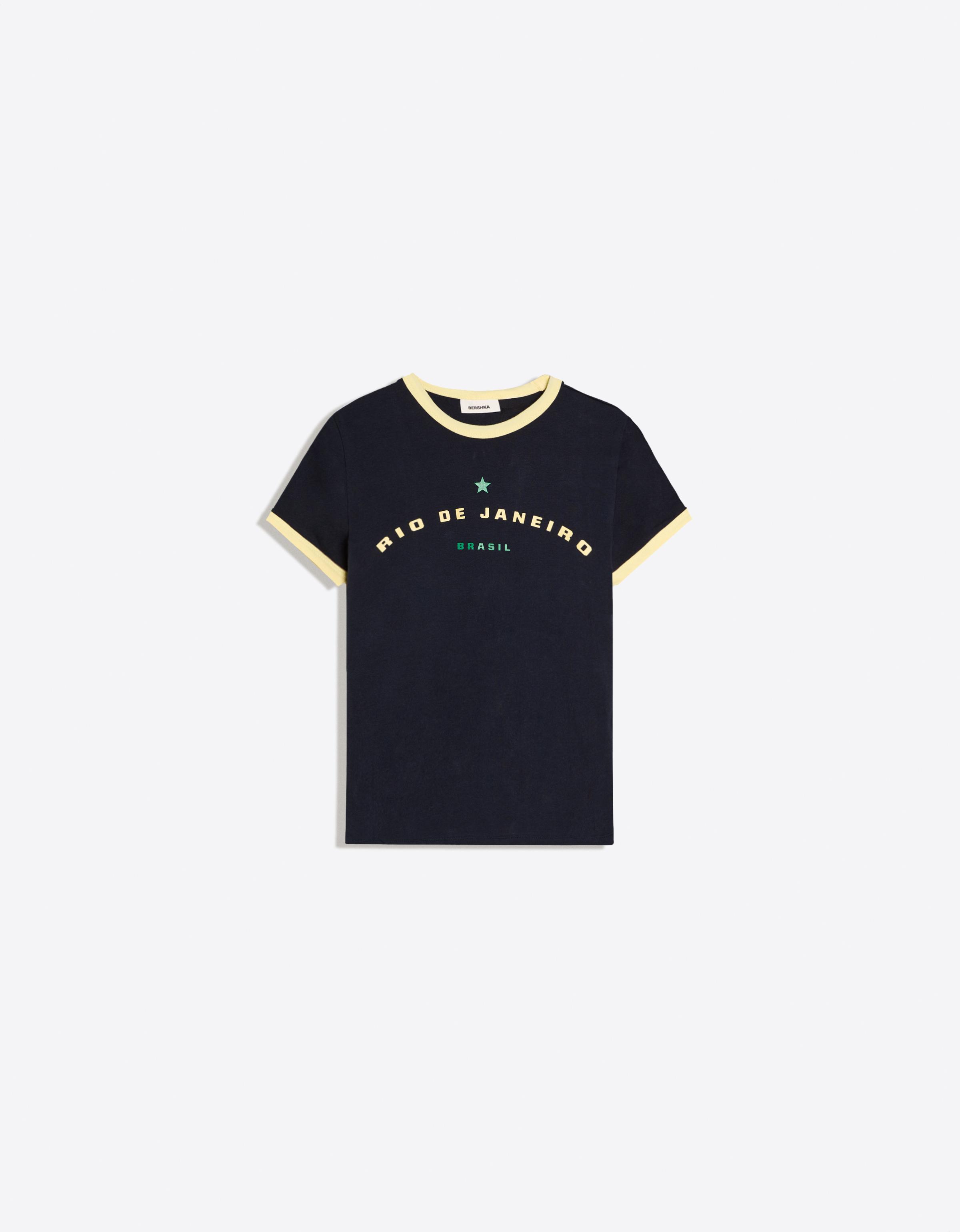 Bershka Camiseta Ajustada Contraste Print Mujer Marino