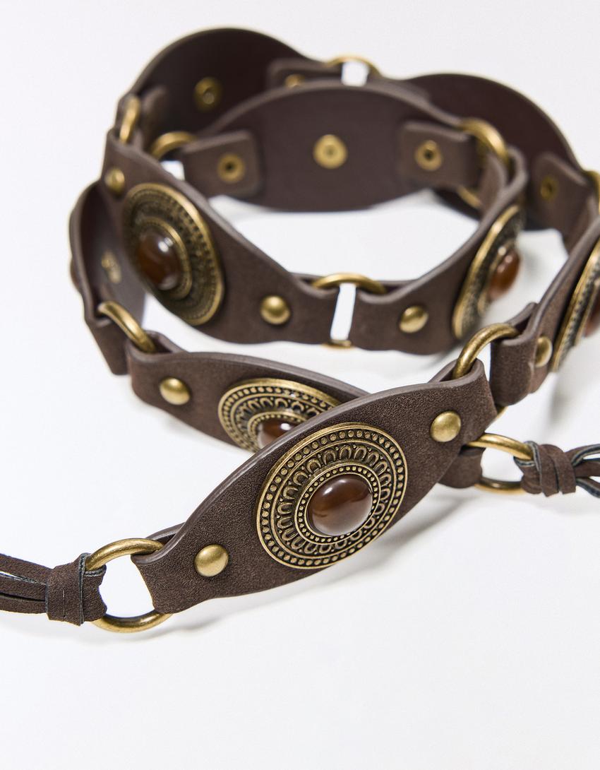 Ремень с медальонами и камнями-Κоричневый
