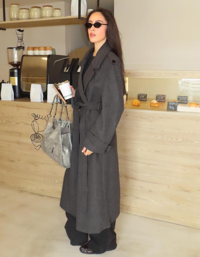 Oversize felt texture trench coat-Grey