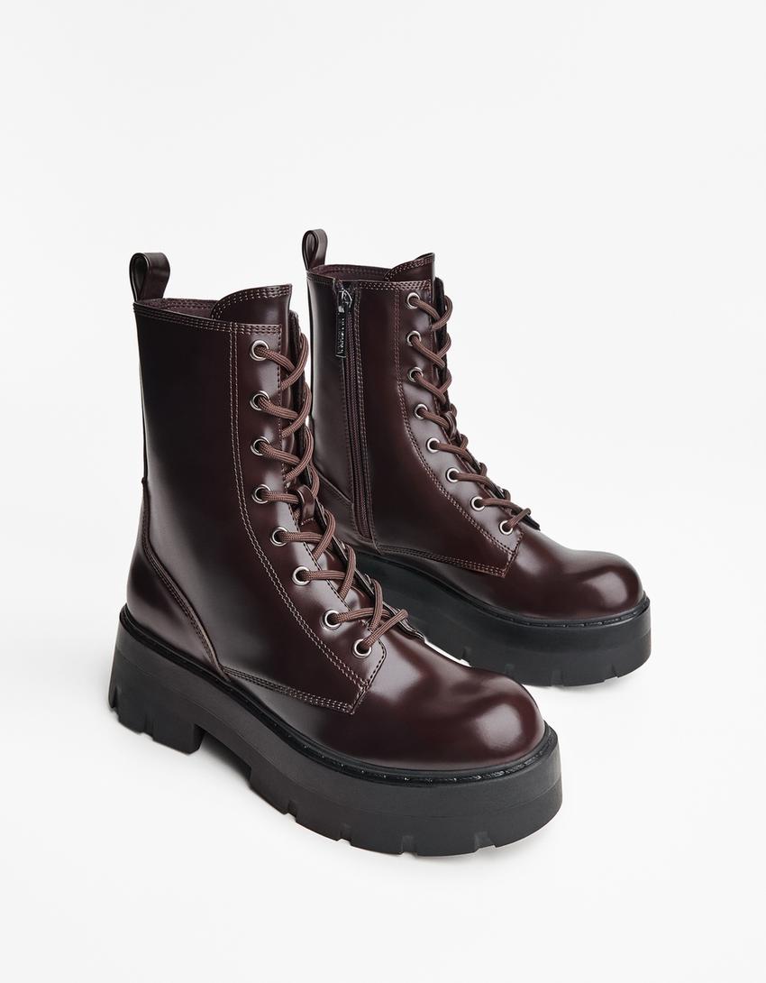 Lace-up track sole ankle boots-Maroon-3