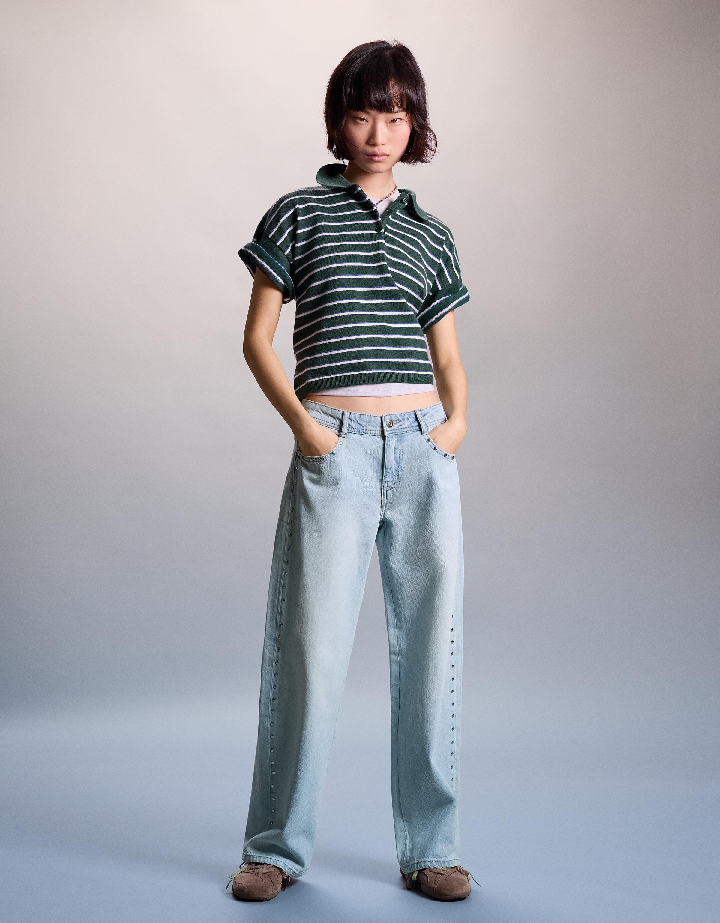 Düşük bel zımbalı baggy fit jean - Görsel 19