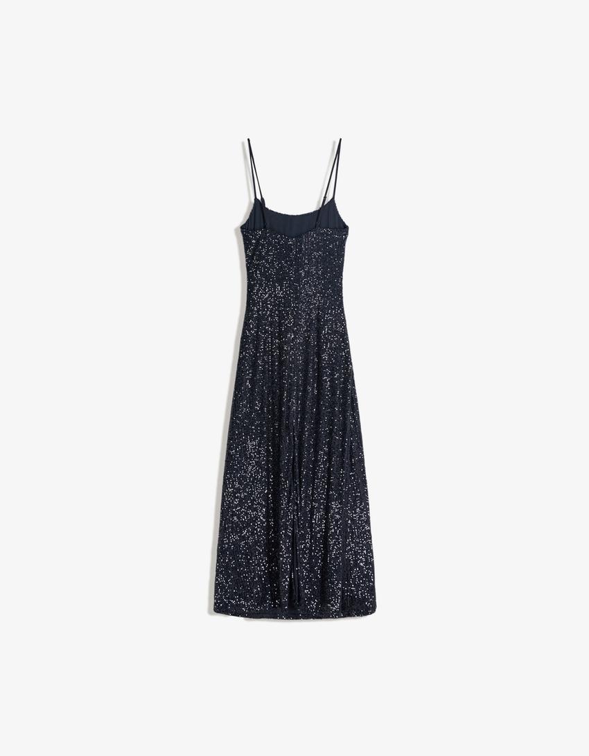 Sequinned midi dress with straps-Dark blue