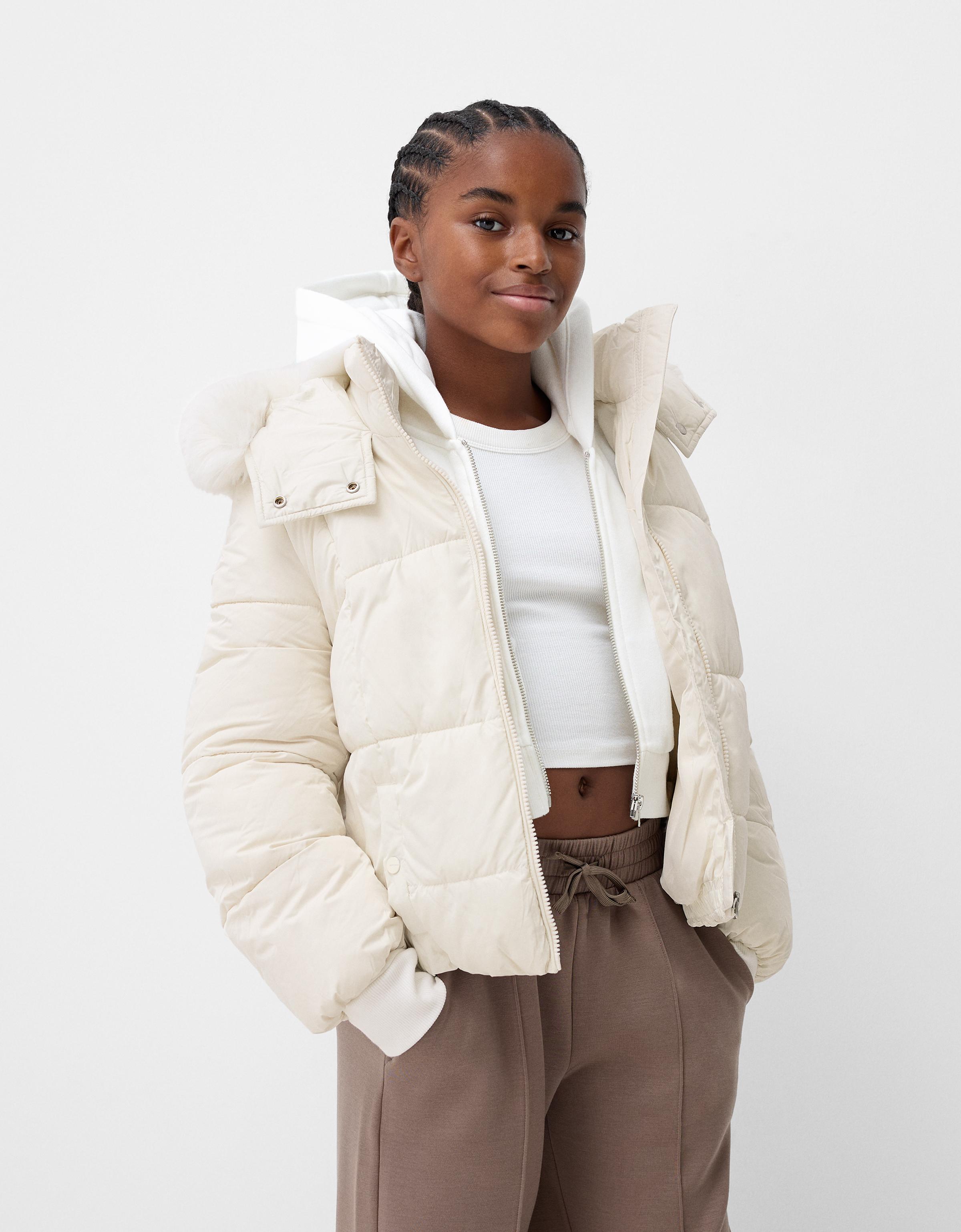 Puffer jacket with faux fur hood