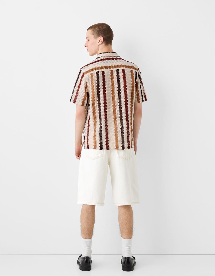 قميص كروشيه مخطط بأكمام قصيرة-كريمي-1