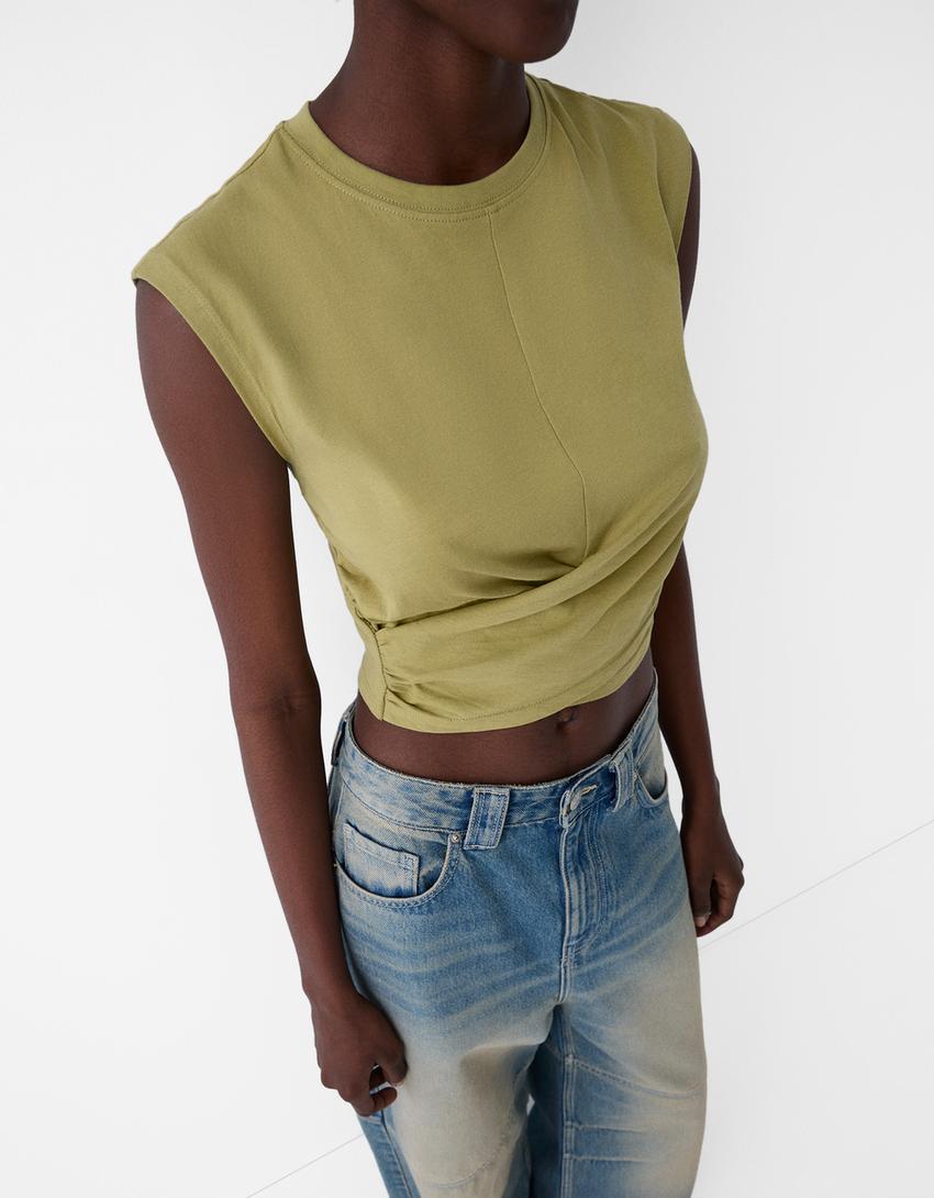 Sleeveless T-shirt with crossover front-Green-2