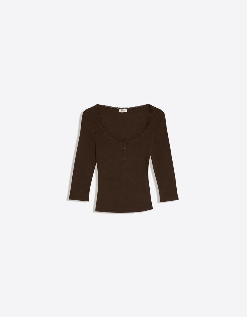 Lace V-neck long sleeve T-shirt-Brown