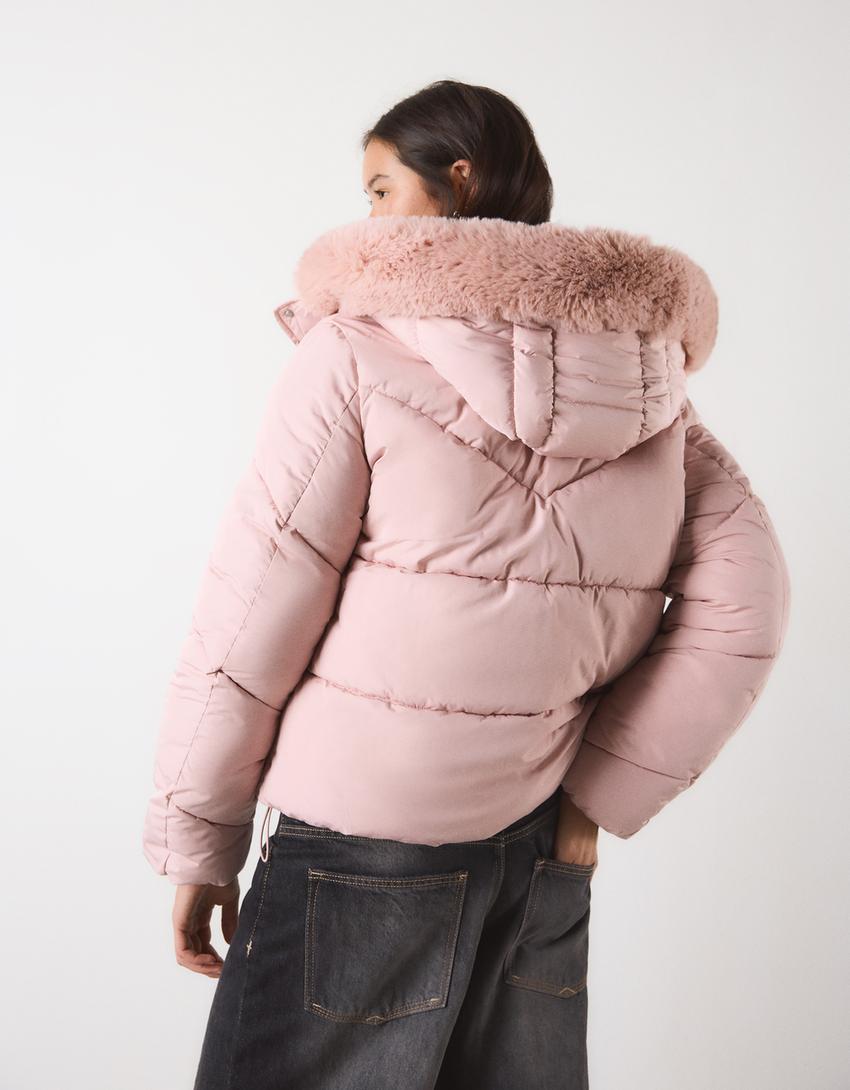 Puffy μπουφάν αδιάβροχο με κουκούλα και γούνα-Ροζ