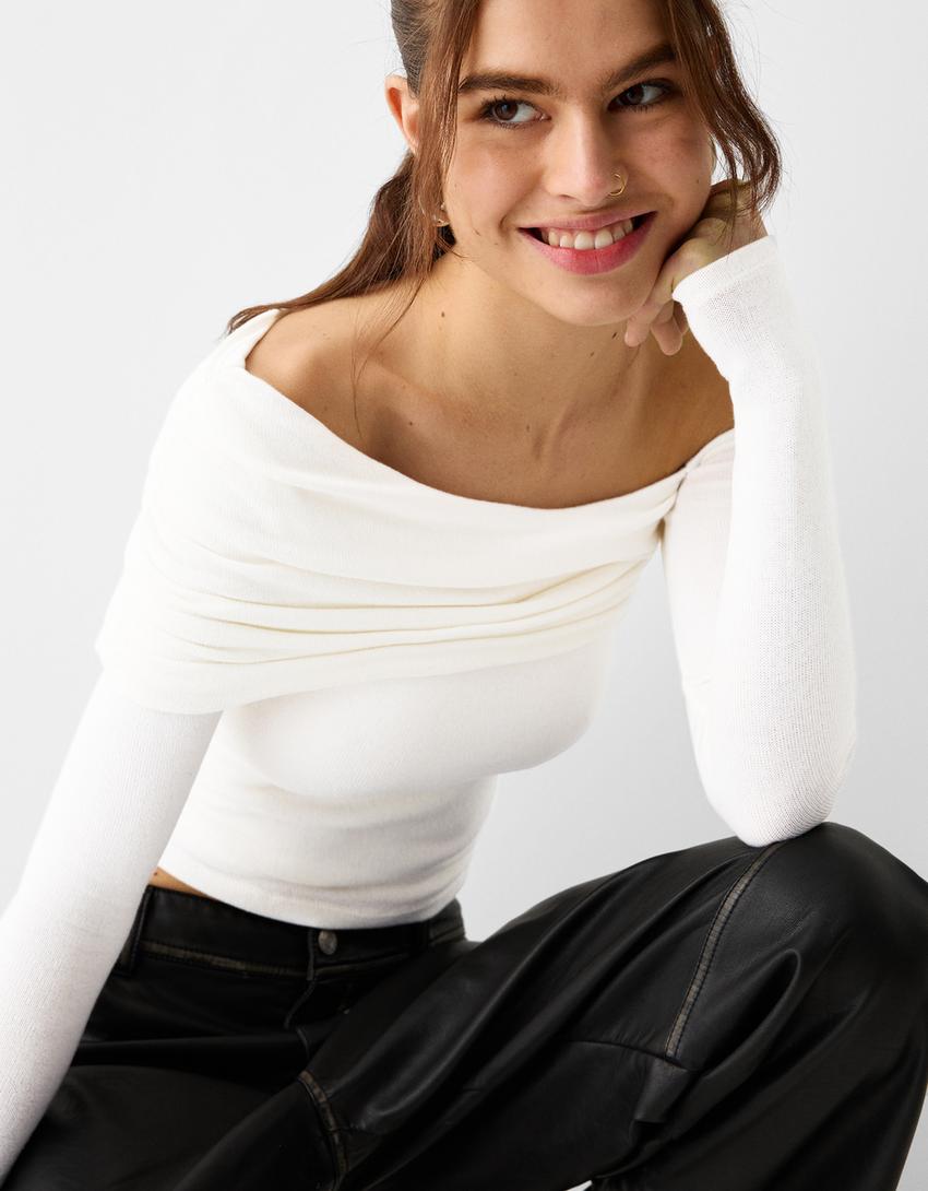 Long sleeve asymmetric T-shirt-Off white-2