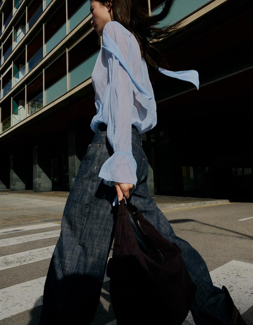 Long sleeve crossover scarf blouse-Light blue