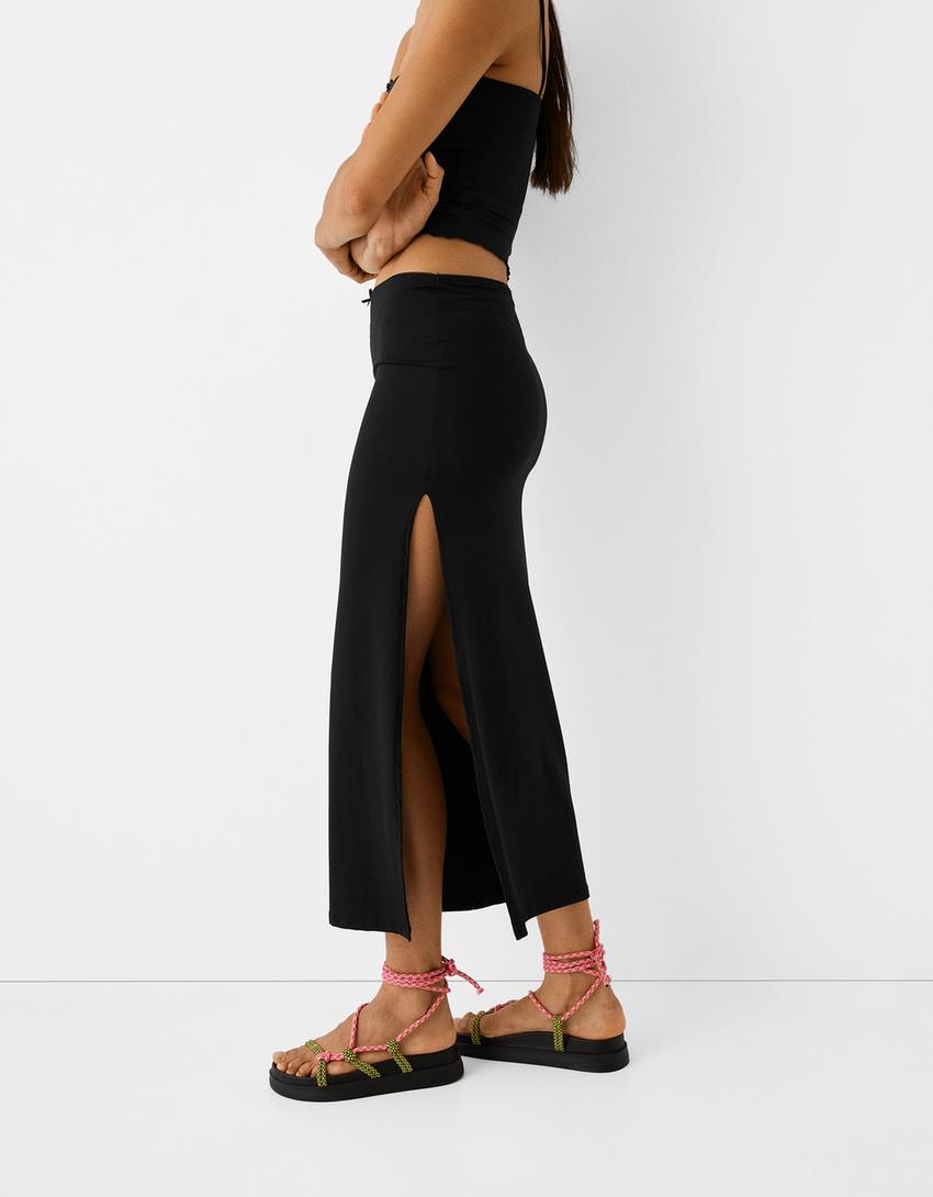 Пола с дължина под коляното и връзка-Черно-3