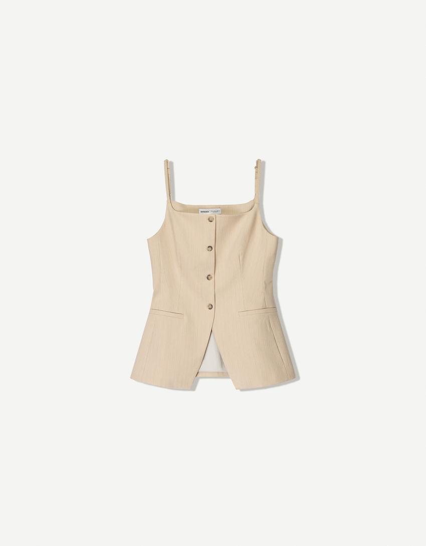 Gilet lungo con scollo quadrato-Beige