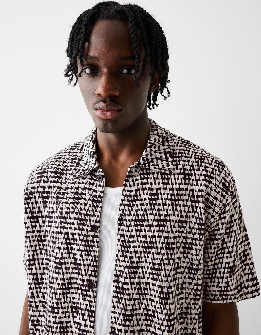 قميص بطبعة وأكمام قصيرة-أبيض / أسود-2