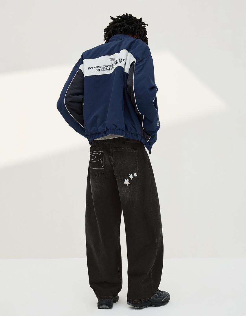 Embroidered barrel jeans-Black